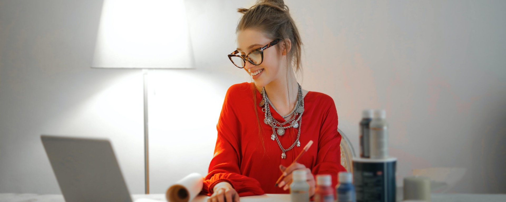 a woman is working happily